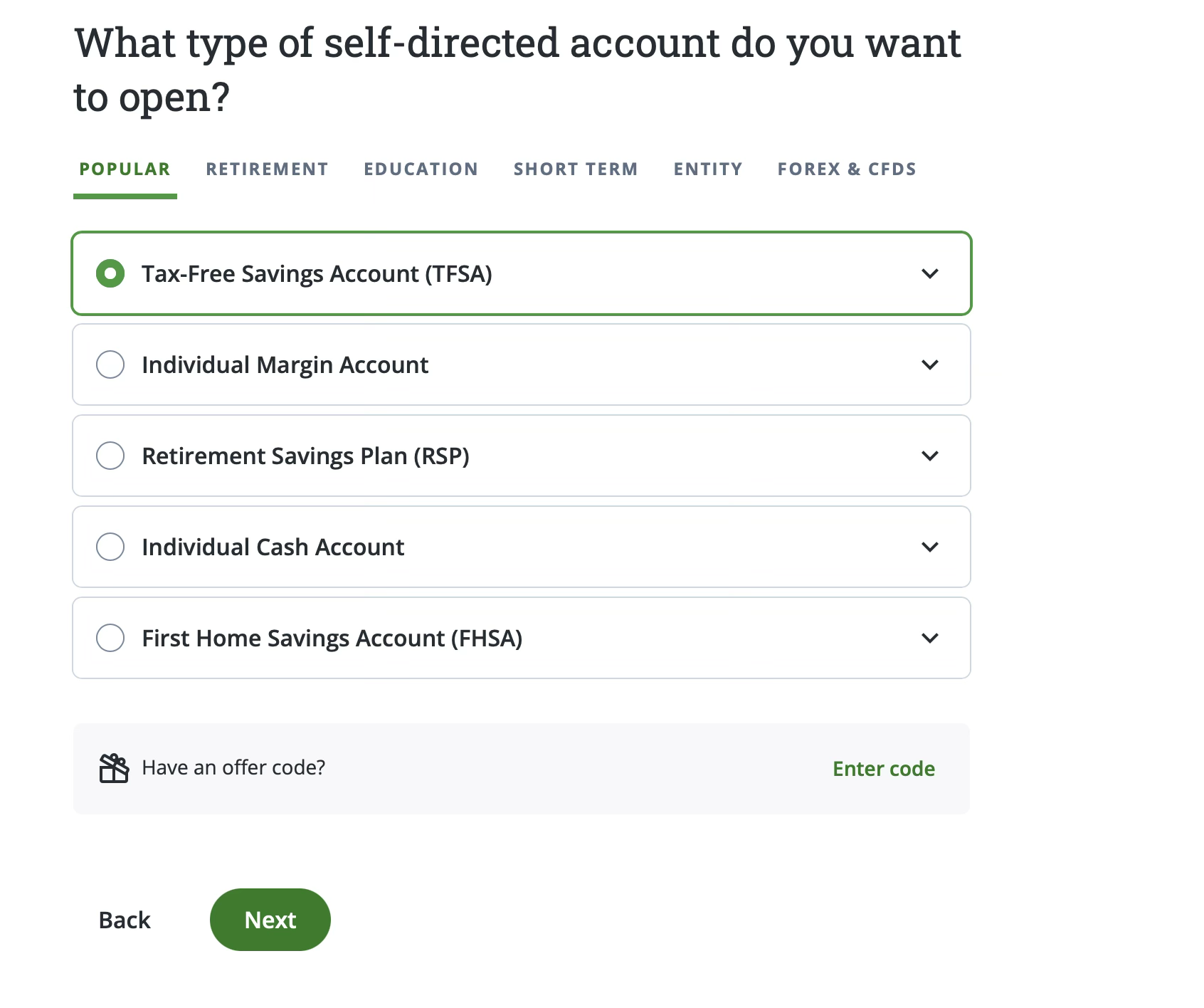 Screenshot of the options for type of self-directed account during the Questrade self-directed TFSA account opening process.