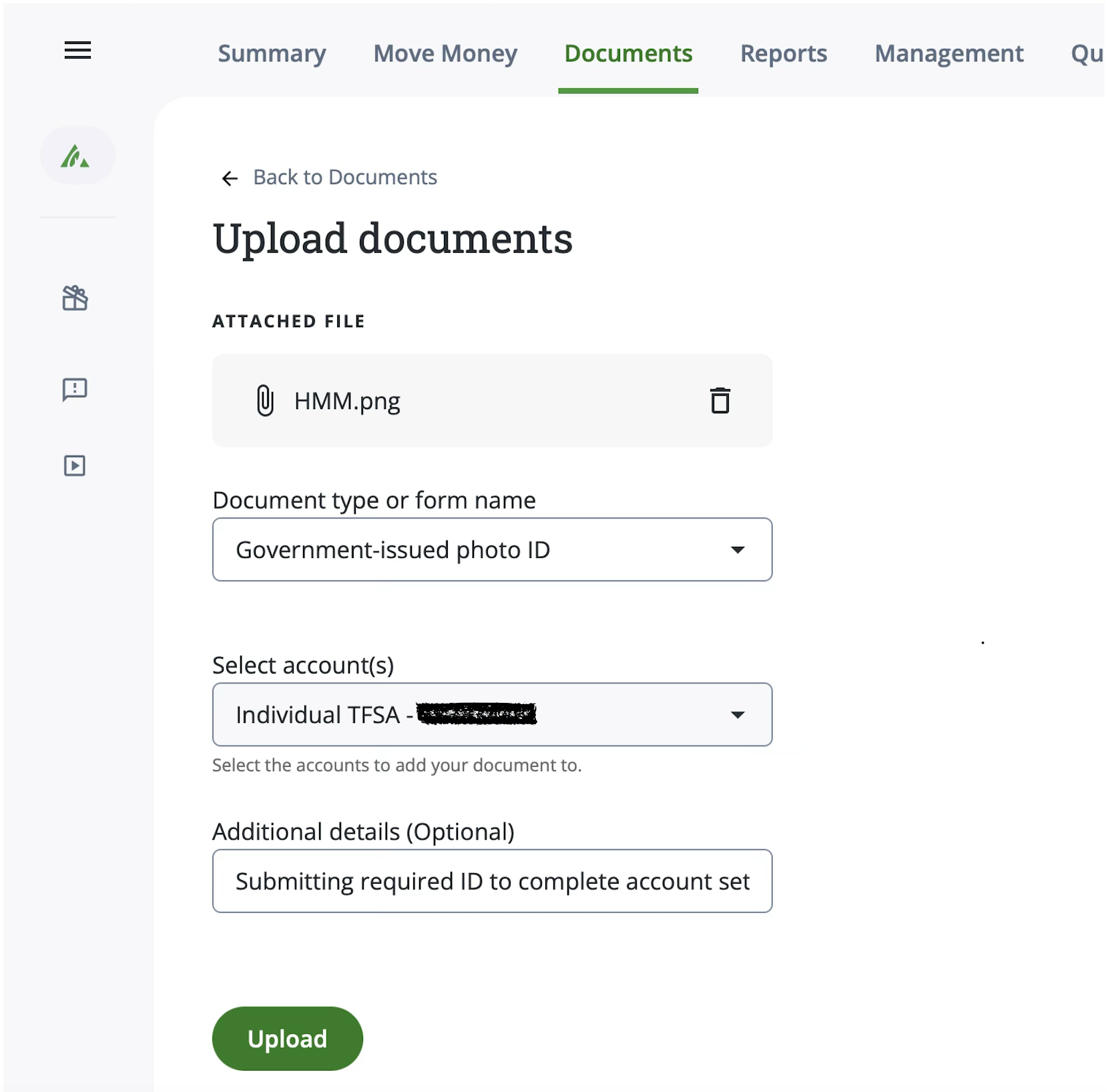 Screenshot of the Upload documents page after file has been uploaded, and dropdown options have been selected.