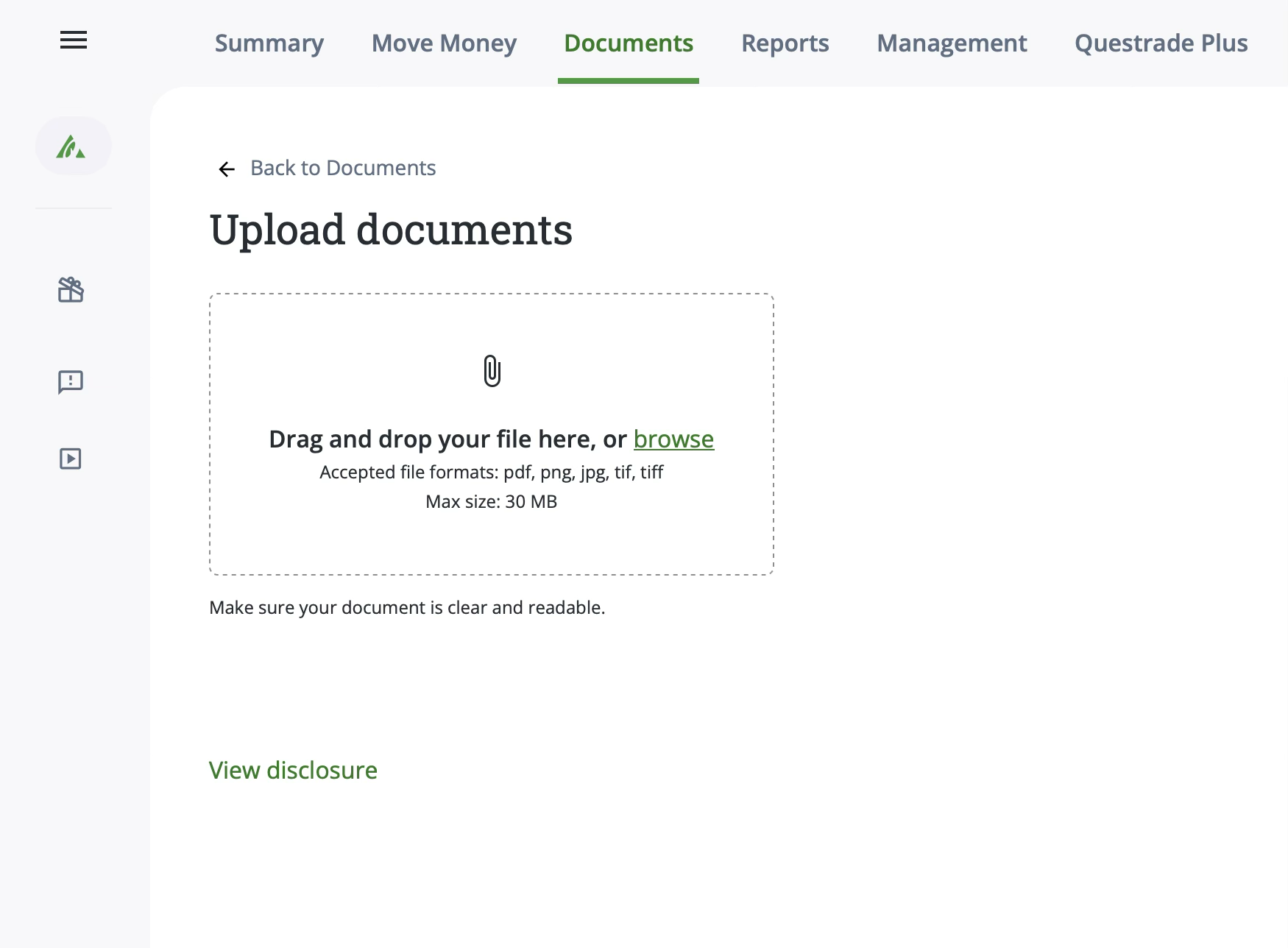 Screenshot of the initial screen after selecting Upload Documents from the Documents section of your account on Questrade.