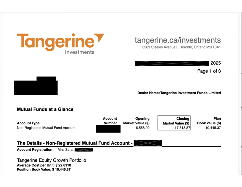 Image show a Tangerine account statement with identifying details redacted but verifying the book value and market value of the investment account discussed.