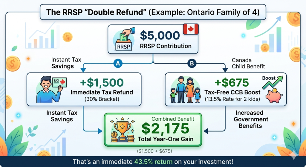 Infographic showing how a $5,000 RRSP contribution leads to a $2,175 total gain for an Ontario family with 2 children through combined income tax refunds and increased CCB payments.